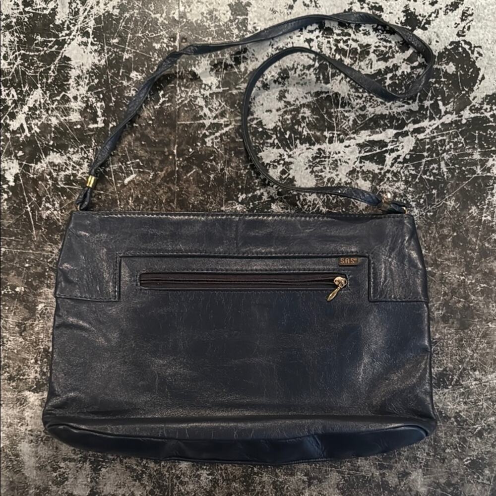 SAS Navy Blue Leather Vintage Shoulder Bag 12x9x2"